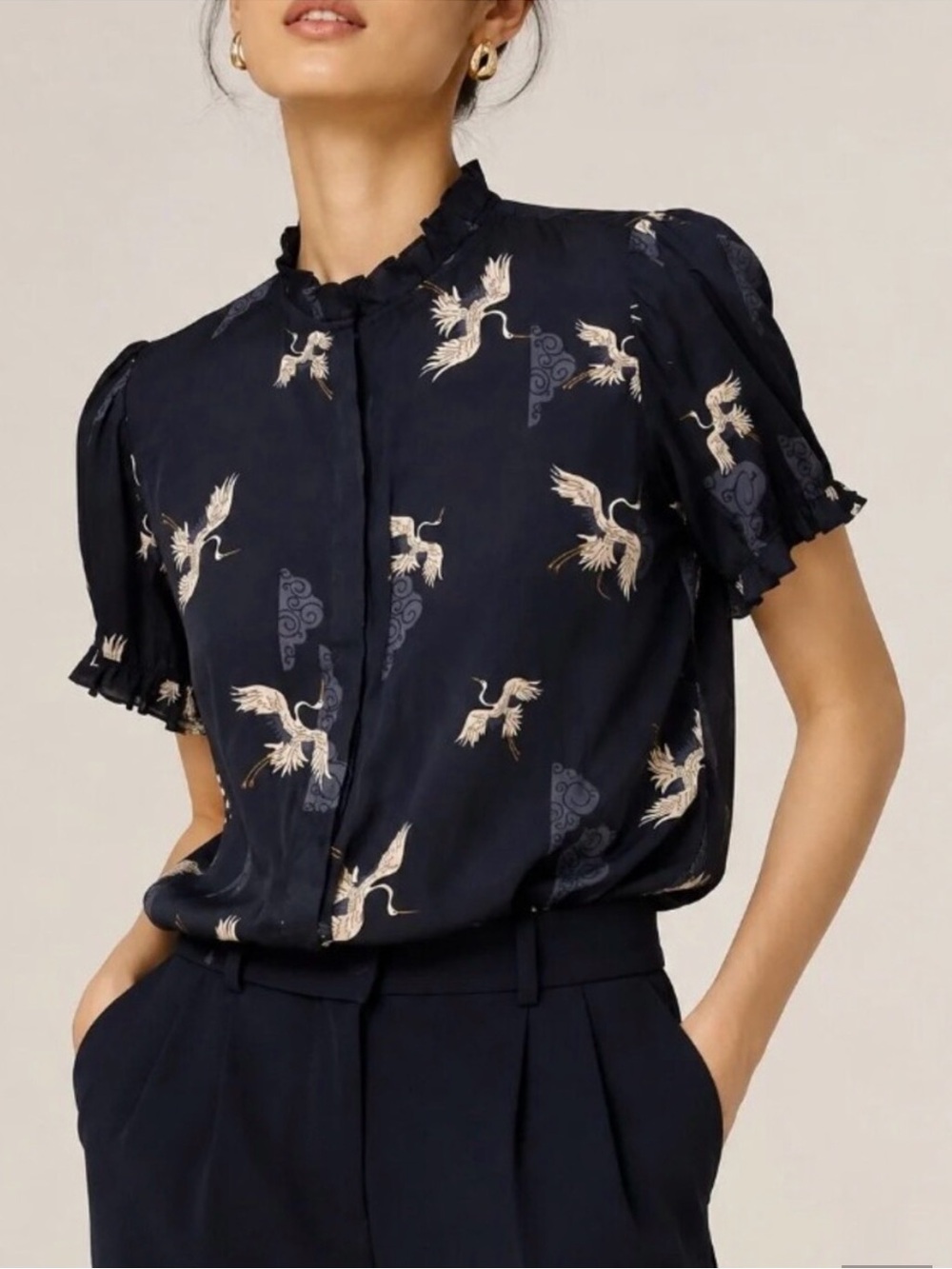T Tahari Navy Crane Print Button Blouse with Ruffle Sleeves | Size XS